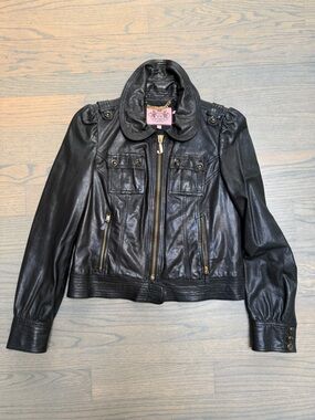 Vintage Juicy Couture Black Leather Zip Jacket with Gold Hardware